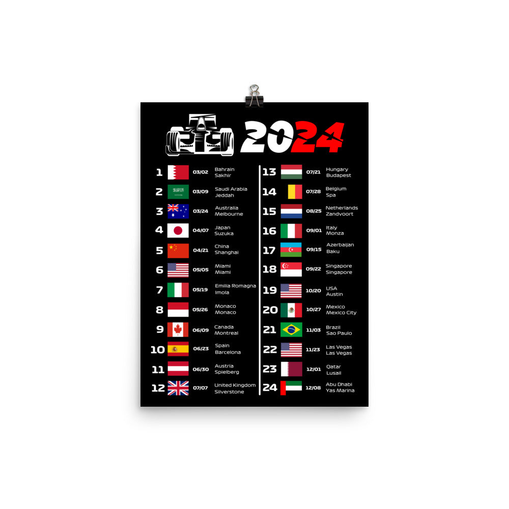Formula 1 2024 Calendar Poster 12x16