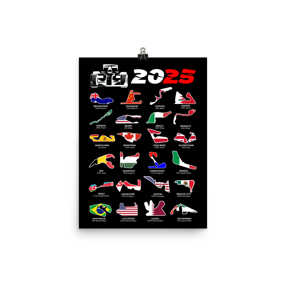 F1 2025 Calendar Poster 12x16