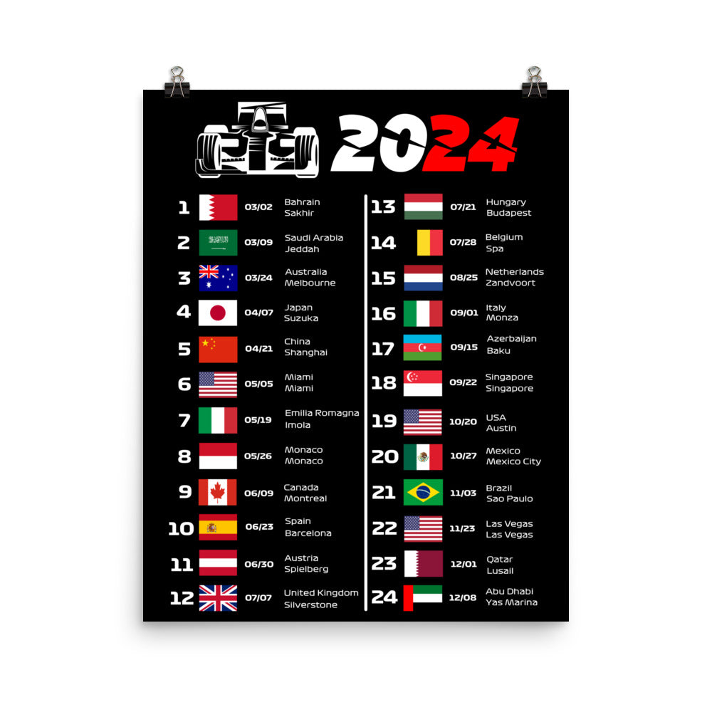 Formula 1 2024 Calendar Poster 16x20