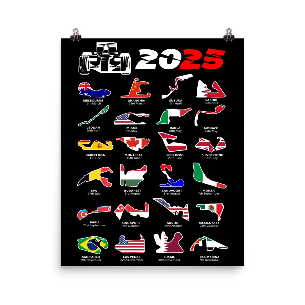 F1 2025 Calendar Poster 16x20