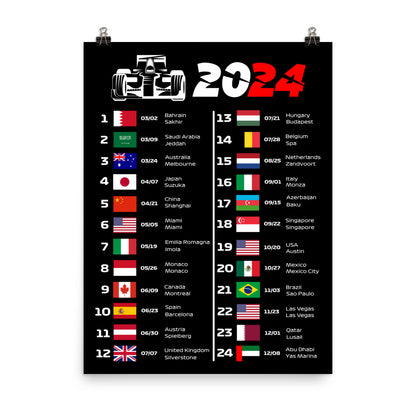 Formula 1 2024 Calendar Poster 18x24