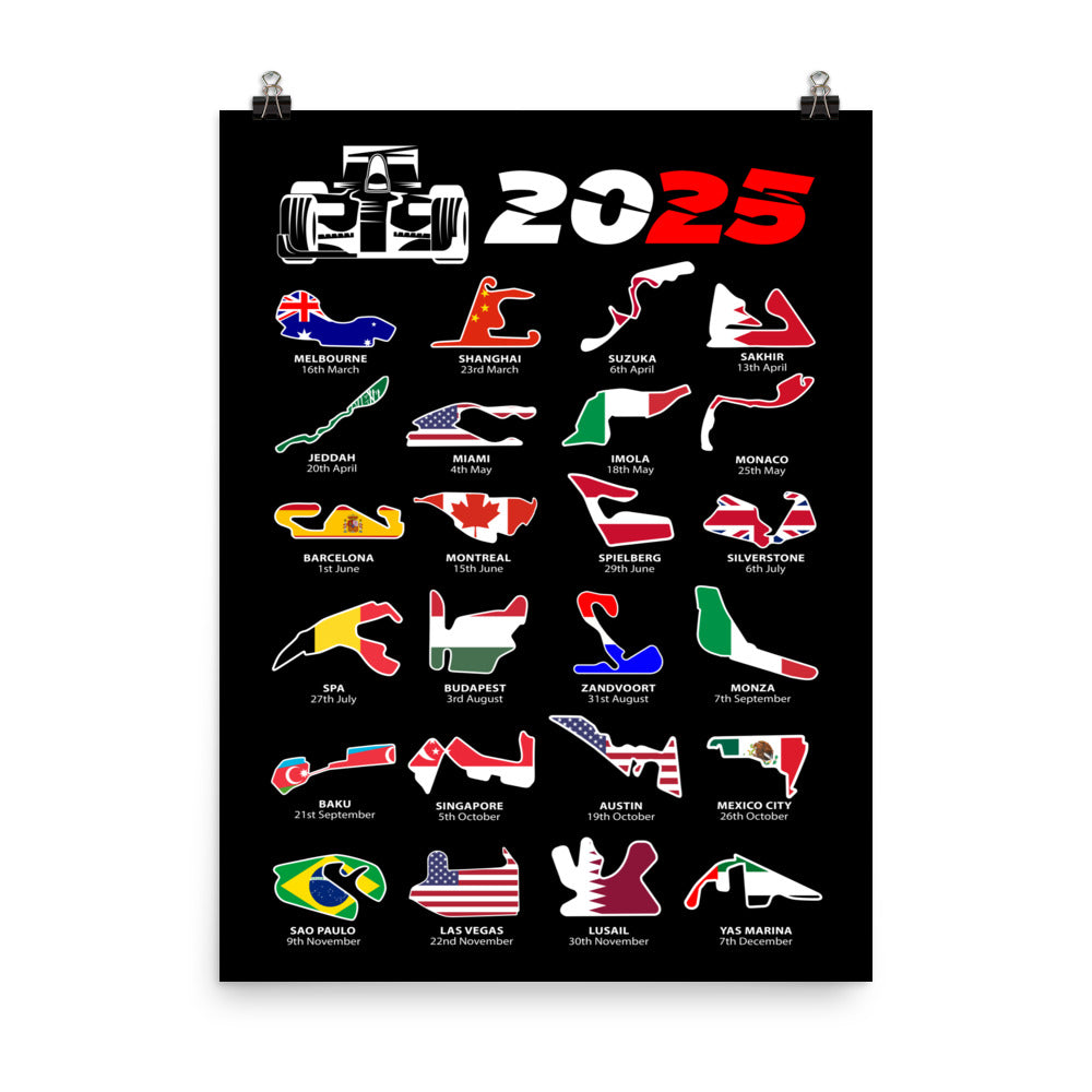 F1 2025 Calendar Poster 18x24