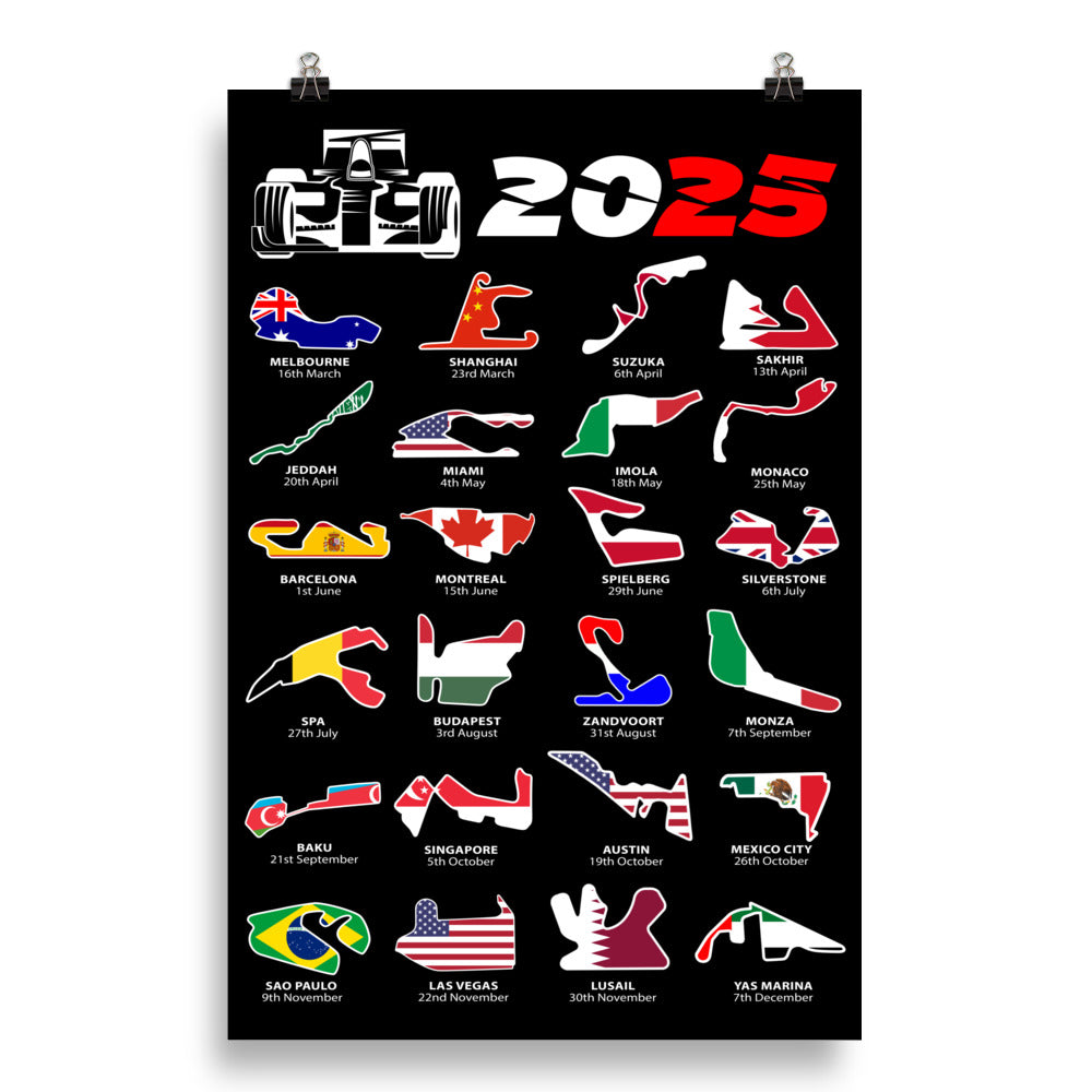 F1 2025 Calendar Poster 20x30