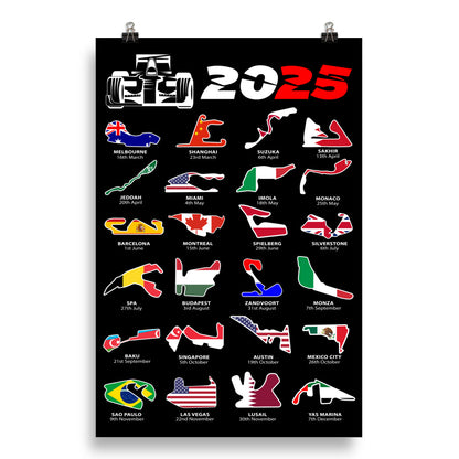 F1 2025 Calendar Poster 20x30