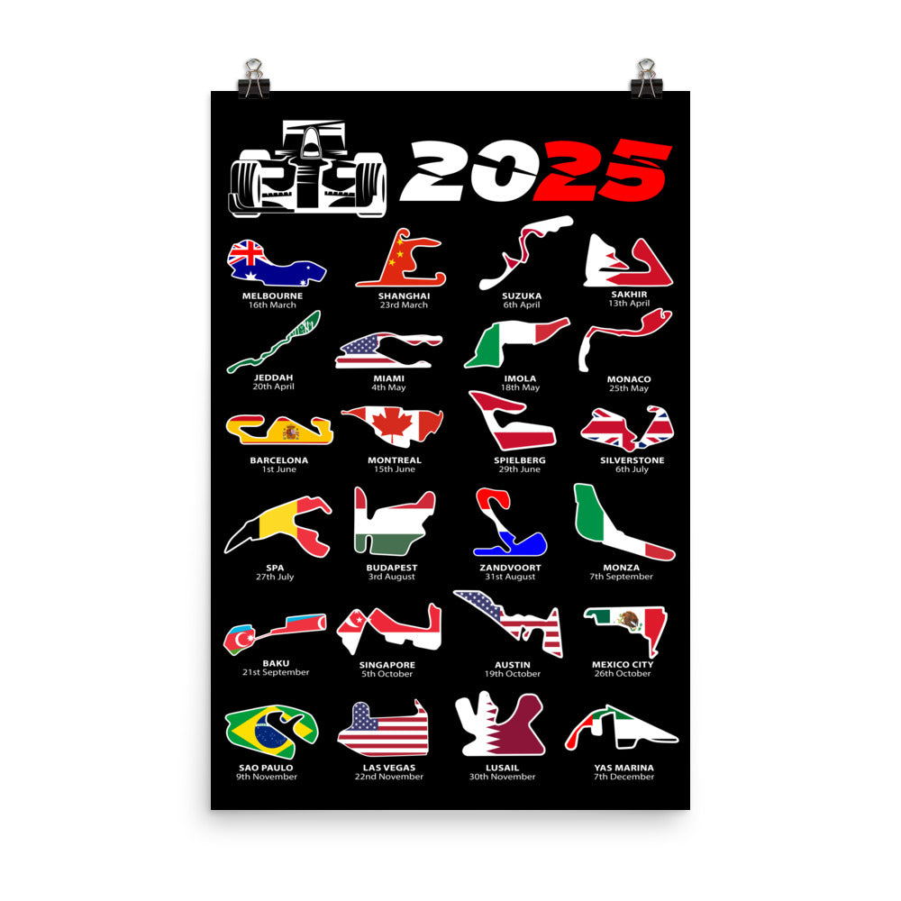 F1 2025 Calendar Poster 24x36