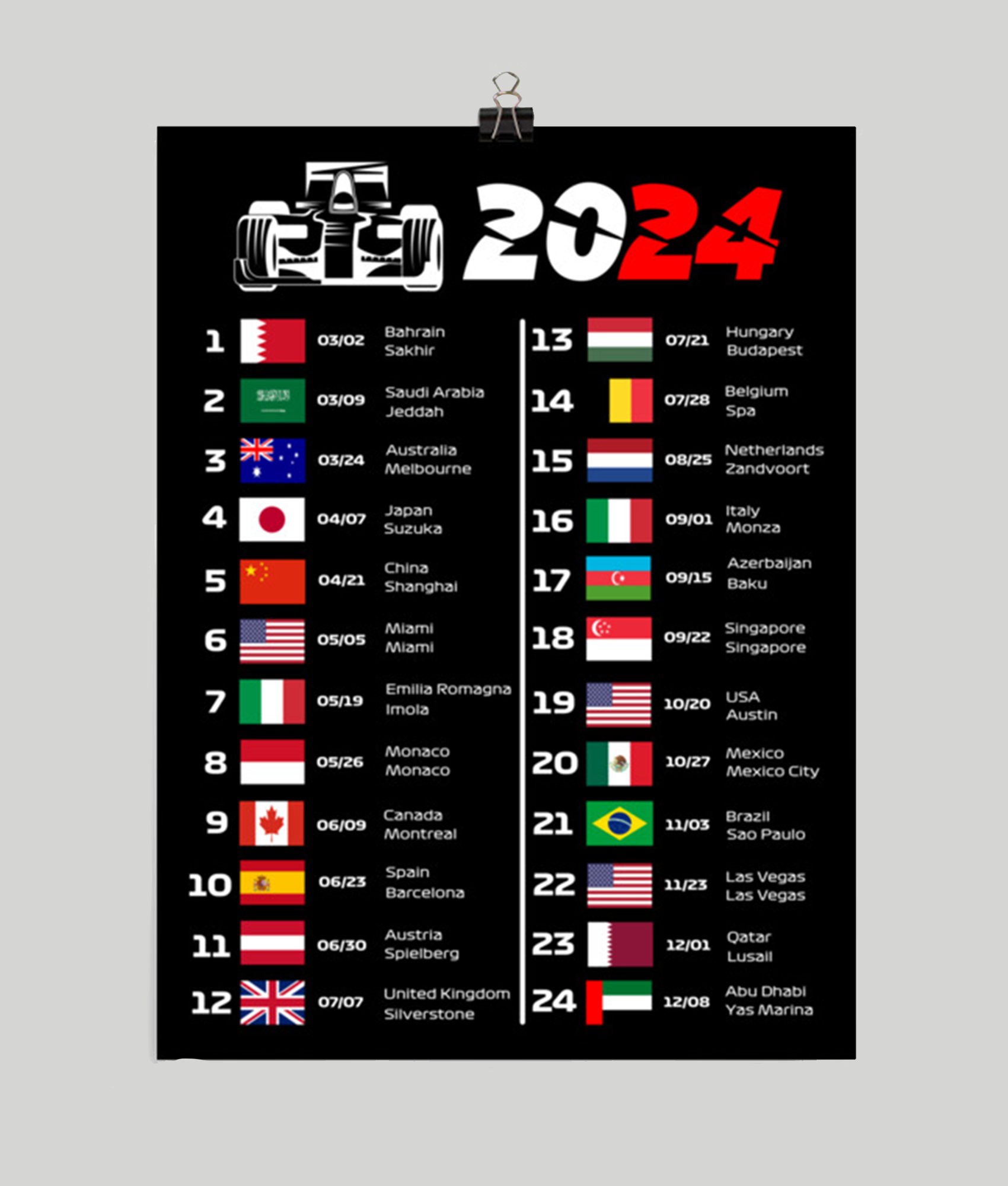 Formula 1 2024 Calendar Poster