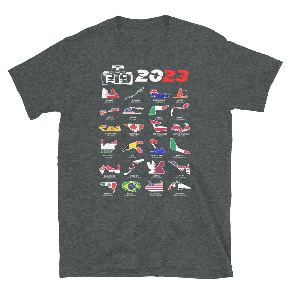 F1 2023 Calendar Unisex T-Shirt Dark Heather