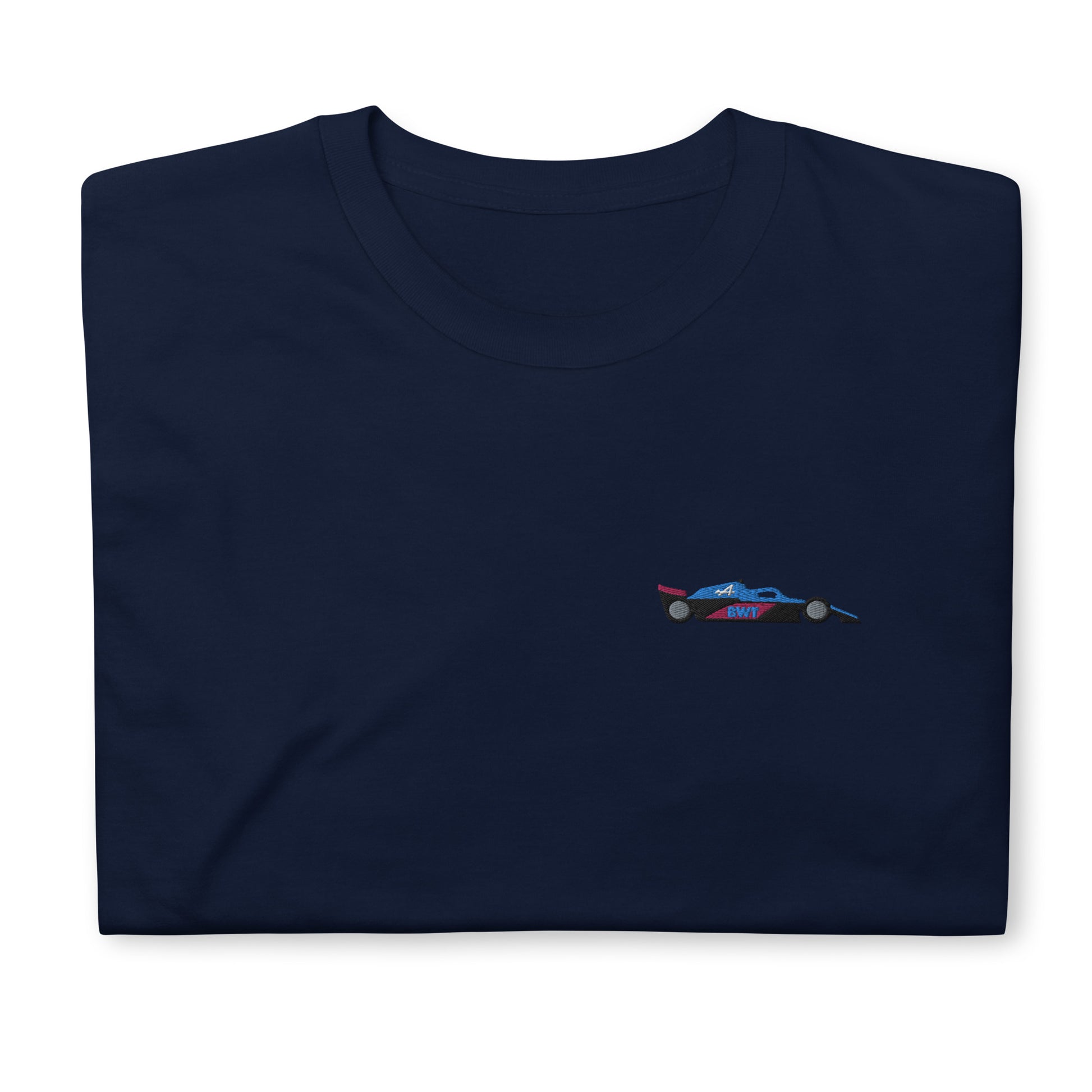 Embroidered Alpine F1 Car Unisex T-Shirt navy blue front